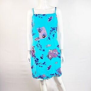 Vintage Sharon Max Blue Floral Mini Dress Size L Casual Asian Print Party Summer